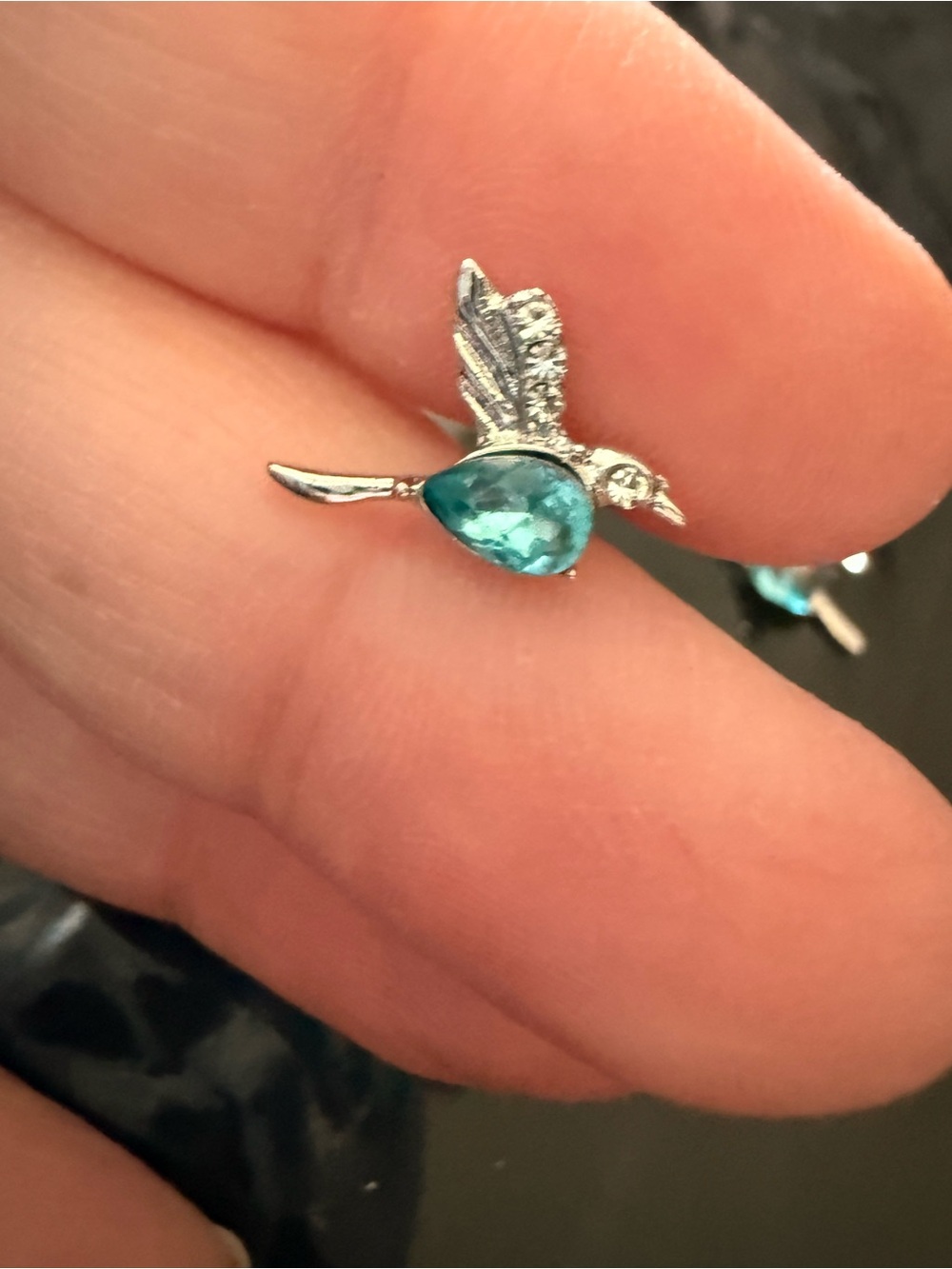 Silver Hummingbird Charm Earring with Teal Gem